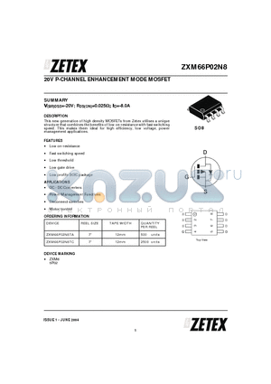 ZXM66P02N8TC datasheet - 20V P-CHANNEL ENHANCEMENT MODE MOSFET