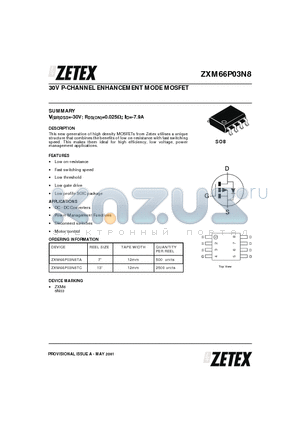 ZXM66P03N8TA datasheet - 30V P-CHANNEL ENHANCEMENT MODE MOSFET