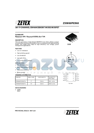 ZXM66P03N8TC datasheet - 30V P-CHANNEL ENHANCEMENT MODE MOSFET