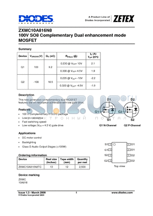 ZXMC10A816N8TC datasheet - 100V SO8 Complementary Dual enhancement mode MOSFET