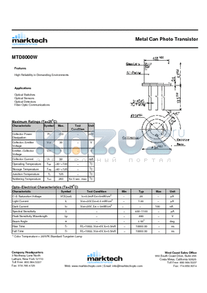 MTD8000W datasheet - Metal Can Photo Transistor