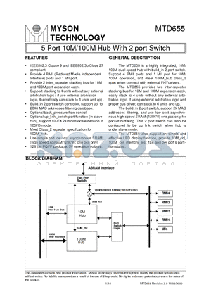 MTD655 datasheet - 5 Port 10M/100M Hub With 2 port Switch