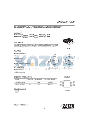 ZXMC3A17DN8TC datasheet - COMPLEMENTARY 30V ENHANCEMENT MODE MOSFET