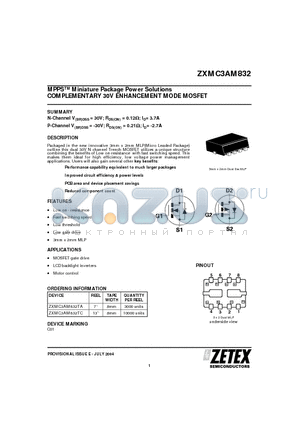 ZXMC3AM832 datasheet - MPPS Miniature Package Power Solutions COMPLEMENTARY 30V ENHANCEMENT MODE MOSFET