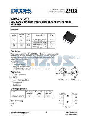 ZXMC3F31DN8 datasheet - 30V SO8 Complementary dual enhancement mode MOSFET