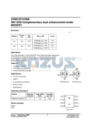 ZXMC3F31DN8 datasheet - 30V SO8 Complementary dual enhancement mode