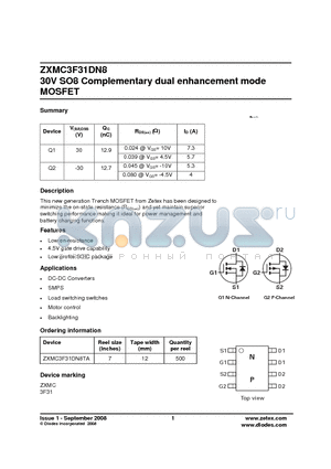 ZXMC3F31DN8TA datasheet - 30V SO8 Complementary dual enhancement mode