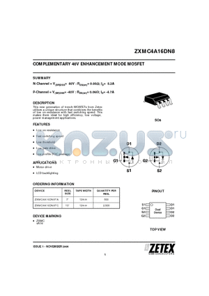 ZXMC4A16DN8TA datasheet - COMPLEMENTARY 40V ENHANCEMENT MODE MOSFET