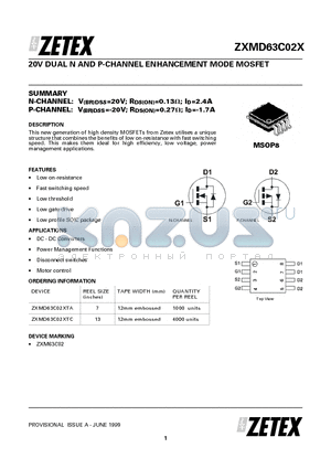 ZXMD63C02X datasheet - 20V Dual N and P-Channel Enhancement Mode Mosfet