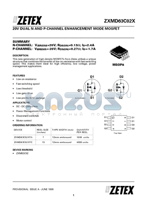 ZXMD63C02XTA datasheet - 20V DUAL N AND P-CHANNEL ENHANCEMENT MODE MOSFET