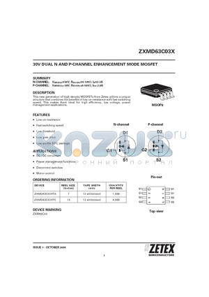 ZXMD63C03X_05 datasheet - 30V DUAL N AND P-CHANNEL ENHANCEMENT MODE MOSFET