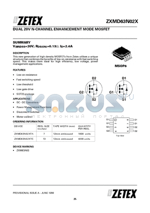 ZXMD63N02 datasheet - DUAL 20V N-CHANNEL ENHANCEMENT MODE MOSFET