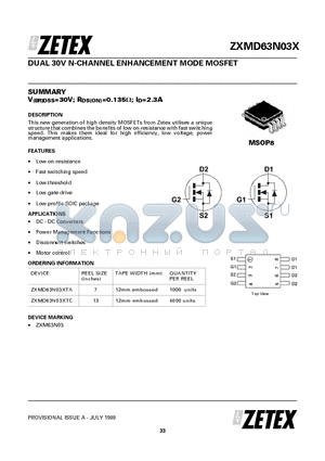 ZXMD63N03XTC datasheet - DUAL 30V N-CHANNEL ENHANCEMENT MODE MOSFET