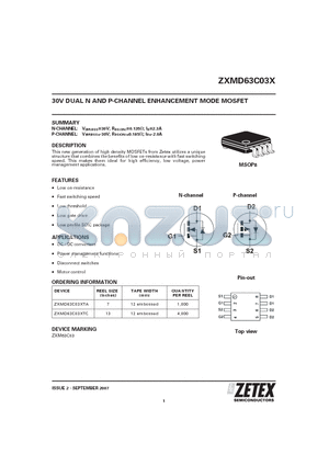 ZXMD63C03X datasheet - 30V DUAL N AND P-CHANNEL ENHANCEMENT MODE MOSFET