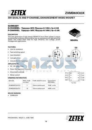 ZXMD63C03XTA datasheet - 30V DUAL N AND P-CHANNEL ENHANCEMENT MODE MOSFET