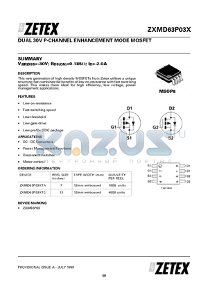 ZXMD63P03XTA datasheet - DUAL 30V P-CHANNEL ENHANCEMENT MODE MOSFET