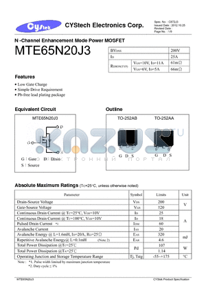 MTE65N20J3 datasheet - N -Channel Enhancement Mode Power MOSFET