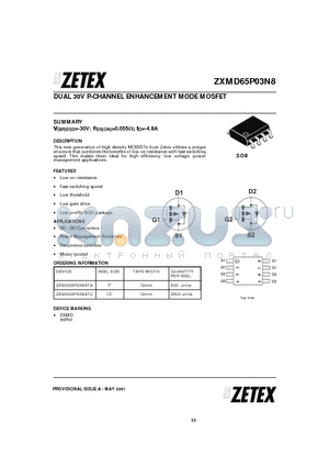 ZXMD65P03N8TA datasheet - DUAL 30V P-CHANNEL ENHANCEMENT MODE MOSFET