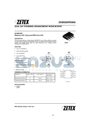 ZXMD65P03N8TC datasheet - DUAL 30V P-CHANNEL ENHANCEMENT MODE MOSFET