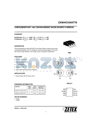 ZXMHC10A07T8 datasheet - COMPLEMENTARY 100V ENHANCEMENT MODE MOSFET H-BRIDGE