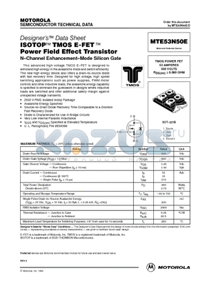 MTE53N50E datasheet - TMOS POWER FET 53 AMPERES 500 VOLTS RDS(on) = 0.080 OHM