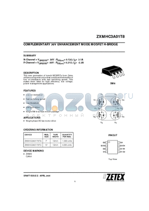 ZXMHC3A01T8 datasheet - COMPLEMENTARY 30V ENHANCEMENT MODE MOSFET H-BRIDGE