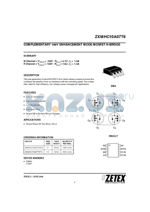 ZXMHC10A07T8TC datasheet - COMPLEMENTARY 100V ENHANCEMENT MODE MOSFET H-BRIDGE