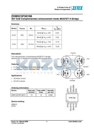 ZXMHC3F381N8 datasheet - 30V SO8 Complementary enhancement mode MOSFET H-Bridge