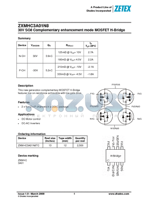 ZXMHC3A01N8 datasheet - 30V SO8 Complementary enhancement mode MOSFET H-Bridge