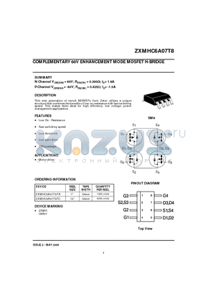 ZXMHC6A07T8 datasheet - COMPLEMENTARY 60V ENHANCEMENT MODE MOSFET H-BRIDGE