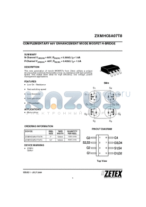 ZXMHC6A07T8TA datasheet - COMPLEMENTARY 60V ENHANCEMENT MODE MOSFET H-BRIDGE