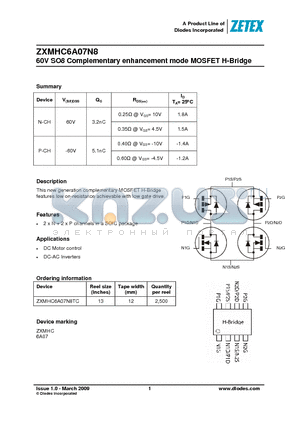 ZXMHC6A07N8 datasheet - 60V SO8 Complementary enhancement mode MOSFET H-Bridge
