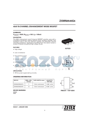 ZXMN0545G4 datasheet - 450V N-CHANNEL ENHANCEMENT MODE MOSFET