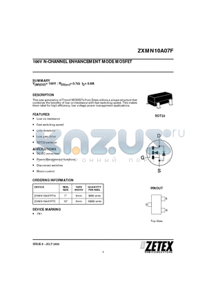 ZXMN10A07F datasheet - 100V N-CHANNEL ENHANCEMENT MODE MOSFET