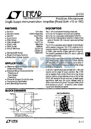 LT1101AMH datasheet - Precision, Micropower, Single Supply Instrumentation Amplifier(Fixed Gain=10 or 100)
