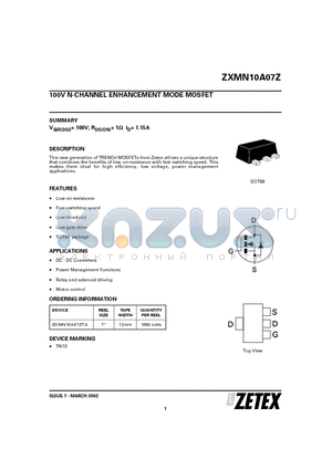 ZXMN10A07ZTA datasheet - 100V N-CHANNEL ENHANCEMENT MODE MOSFET