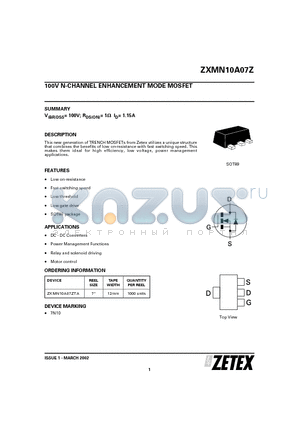 ZXMN10A07Z datasheet - 100V N-CHANNEL ENHANCEMENT MODE MOSFET