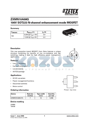 ZXMN10A08GTA datasheet - 100V SOT223 N-channel enhancement mode MOSFET