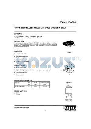 ZXMN10A09K datasheet - 100V N-CHANNEL ENHANCEMENT MODE MOSFET IN DPAK