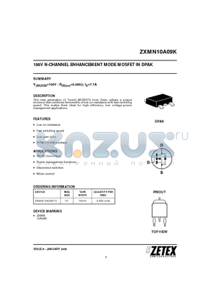 ZXMN10A09KTC datasheet - 100V N-CHANNEL ENHANCEMENT MODE MOSFET IN DPAK