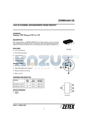 ZXMN10A11GFTA datasheet - 100V N-CHANNEL ENHANCEMENT MODE MOSFET