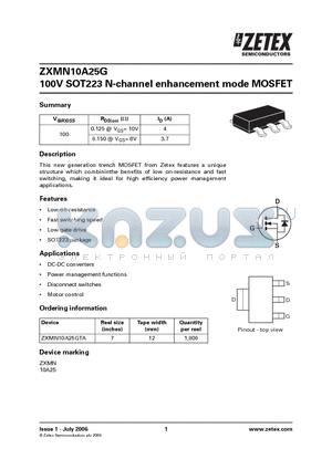 ZXMN10A25GTA datasheet - 100V SOT223 N-channel enhancement mode MOSFET