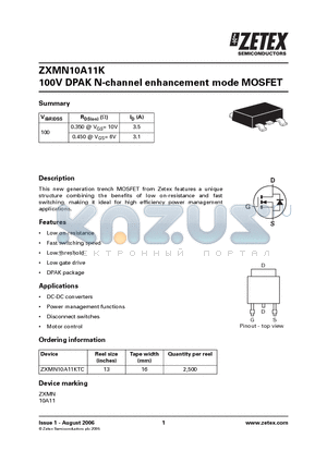 ZXMN10A11K datasheet - 100V DPAK N-channel enhancement mode MOSFET