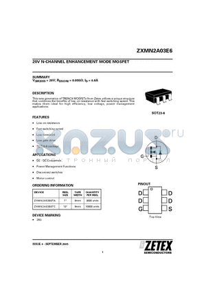 ZXMN2A03E6TA datasheet - 20V N-CHANNEL ENHANCEMENT MODE MOSFET