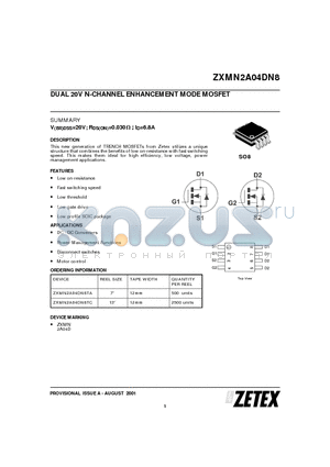 ZXMN2A04DN8TA datasheet - DUAL 20V N-CHANNEL ENHANCEMENT MODE MOSFET