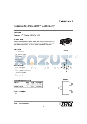 ZXMN2A14F datasheet - 20V N-CHANNEL ENHANCEMENT MODE MOSFET