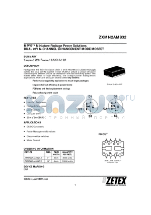 ZXMN2AM832 datasheet - DUAL 20V N-CHANNEL ENHANCEMENT MODE MOSFET