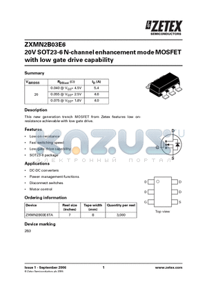 ZXMN2B03E6 datasheet - 20V SOT23-6 N-channel enhancement mode MOSFET with low gate drive capability