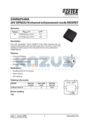 ZXMN2F34MA datasheet - 20V DFN2X2 N-channel enhancement mode MOSFET