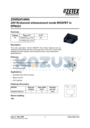 ZXMN2F34MA datasheet - 20V N-channel enhancement mode MOSFET